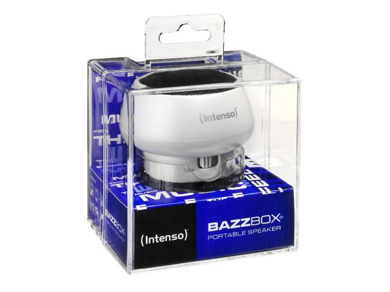 Untitled document Product description : Intenso Portable Speaker Bazzbox (white) Specifications : 1) Battery type: Rechargeable li-polymer battery 2) Battery life: max. 3 hours 3) Output Power: 3 W 4) Ports: Mini USB for charging | Integrated LINE In cable for external MP3-/ MP4 player