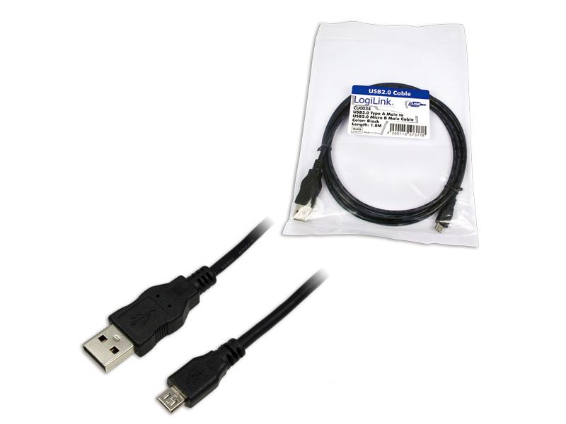 Untitled document Product description : LogiLink USB 2.0 cable with Micro USB adapter. Specifications : USB 2.0 cable Connector 1: USB A Male Connection 2: USB B Micro Male Complies with USB 2.0 specifications Max. Transfer Rate: 480 Mbps Length: 1.80 Meter Color: Black