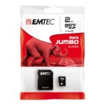 Untitled document Product description :MicroSDHC 2GB EMTEC +Adapter CL4 mini Jumbo Super BlisterSpecifications :Dimensions: 15mm x 11mm x 1mmWeight: 1.41 gramsConnection: 8 pinsVoltage Range: 2.7 V ~ 3.6 VOperating temperature: 0 &deg; C - 60 &deg; C