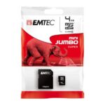 Untitled document Product description : MicroSDHC 4GB EMTEC +Adapter CL4 mini Jumbo Super Blister Specifications : Dimensions: 15mm x 11mm x 1mm Weight: 1.41 grams Connection: 8 pins Voltage Range: 2.7 V ~ 3.6 V Operating temperature: 0 &deg; C - 60 &deg; C