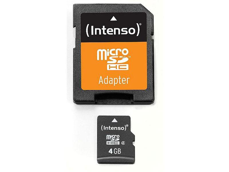 Untitled document Product description : MicroSDHC 4GB Intenso +Adapter CL4 BULK (only card+adapter) Specifications : 1) Dimensions: 15mm x 11mm x 1mm 2) Weight: 1.41 grams 3) Connector: 8 Pin 4) Voltage range: 2.7 V ~ 3.6 V 5) Operating temperature: 0 &deg; C - 60 &deg; C