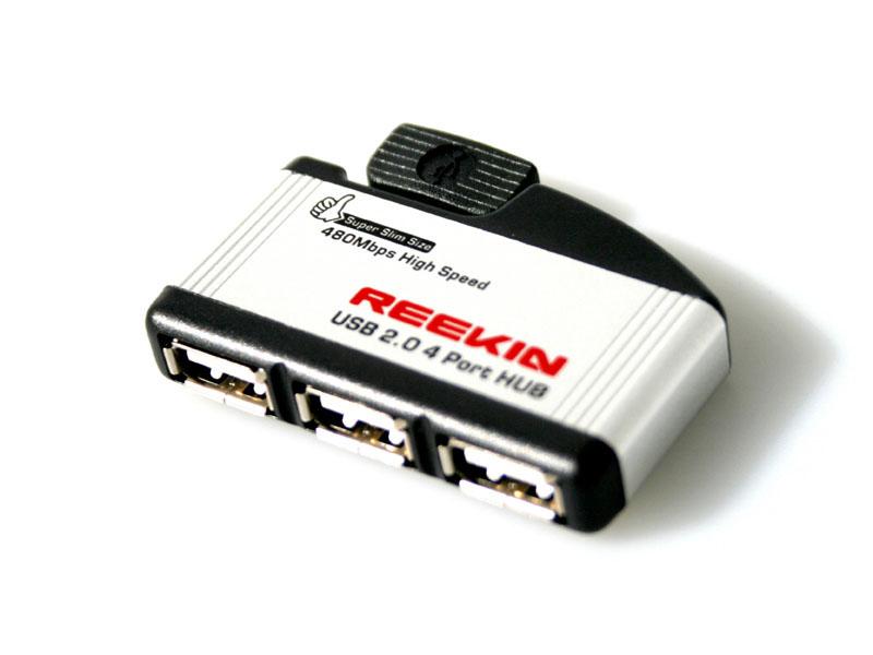 Untitled document Description Small dimensions and a sturdy aluminum construction makes the ideal travel companion for Reekin stroke. The Reekin USB hub expands your PC or notebook to four connections for printers
