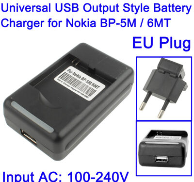 Untitled document Description: 1) LED Charge indicator. 2) Charge from a USB port or power outlet. 3) Can charge two batteries at the same time. 4) Input: AC 100-240V ~ 50/60Hz 0.15A 5) Output: DC 4.2V 350mA ~ &plusmn;50mA 6) Output: USB 5.2Vd.c. 800mA 7) Compatible with : Nokia BP-5M / 6MT