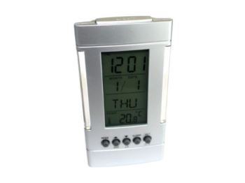 Untitled document Weatherstation / Clock Digital Mod. 398Product descriptionSmall Weatherstation for expl. desktop or household.Specifications7 couloured LED display LCD clock 12/24 hours Calendar Temperature Alarm Product size: 6.3 * 4